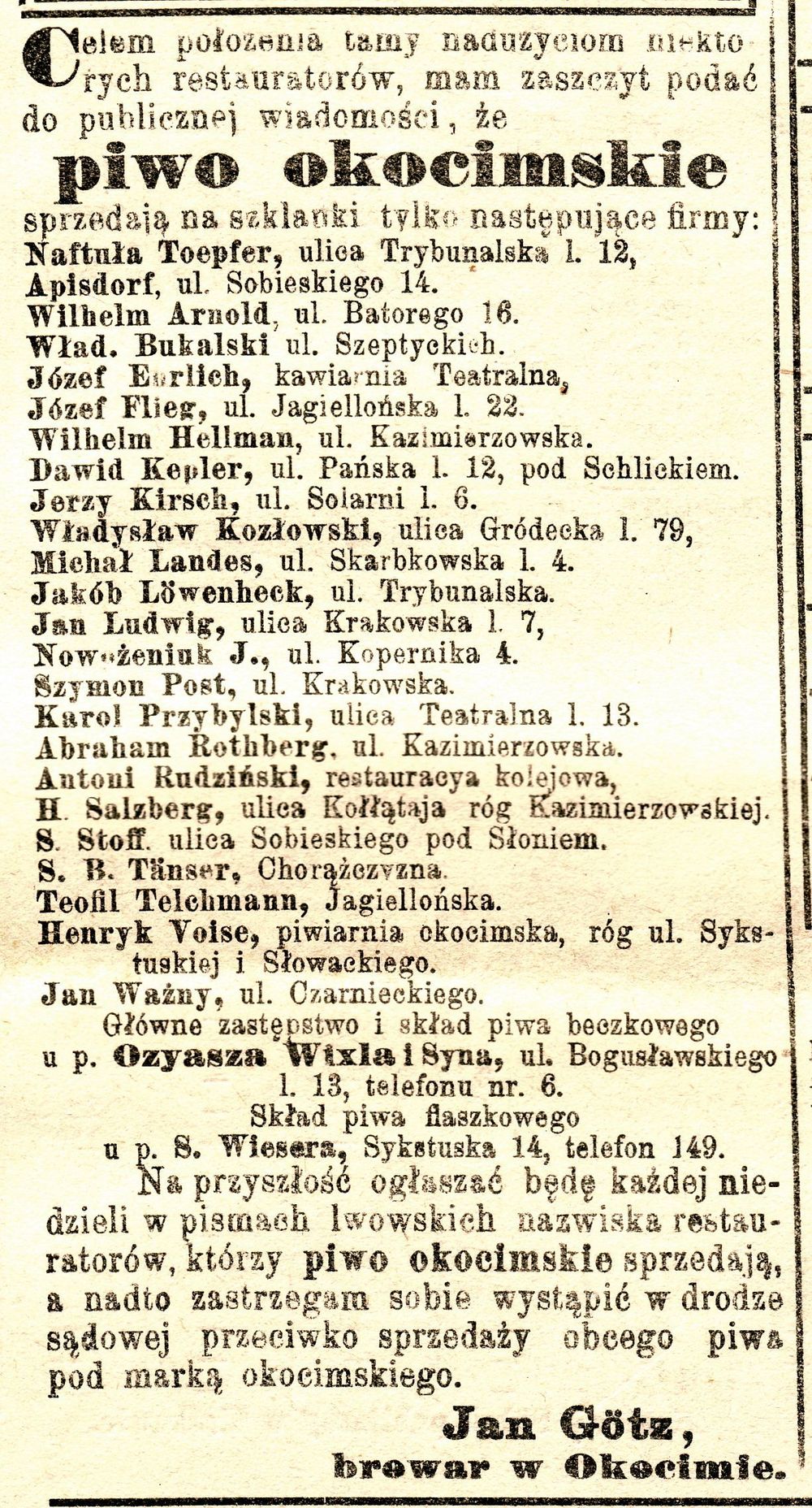Ogłoszenie prasowe Jana Goetza o firmach i restauratorach sprzedających oryginalne piwo okocimskie na szklanki, 1897 ANK O/Nowy Sącz, Gazeta Lwowska, R. 1897, nr 41 (bibl. 2678)
