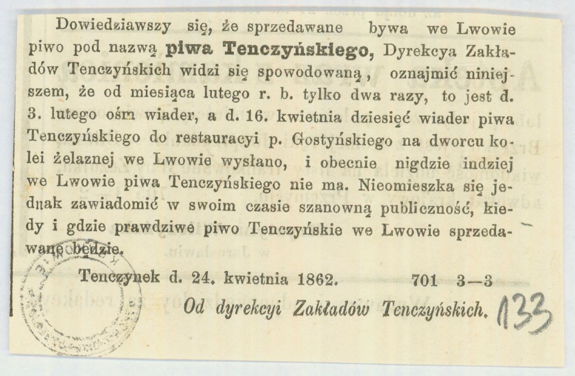 Ogłoszenie prasowe dyrekcji Zakładów Tenczyńskich