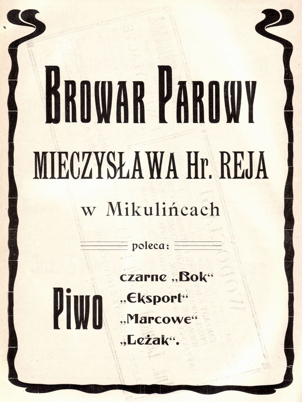 Reklama Browaru parowego Mieczysława hr. Reja