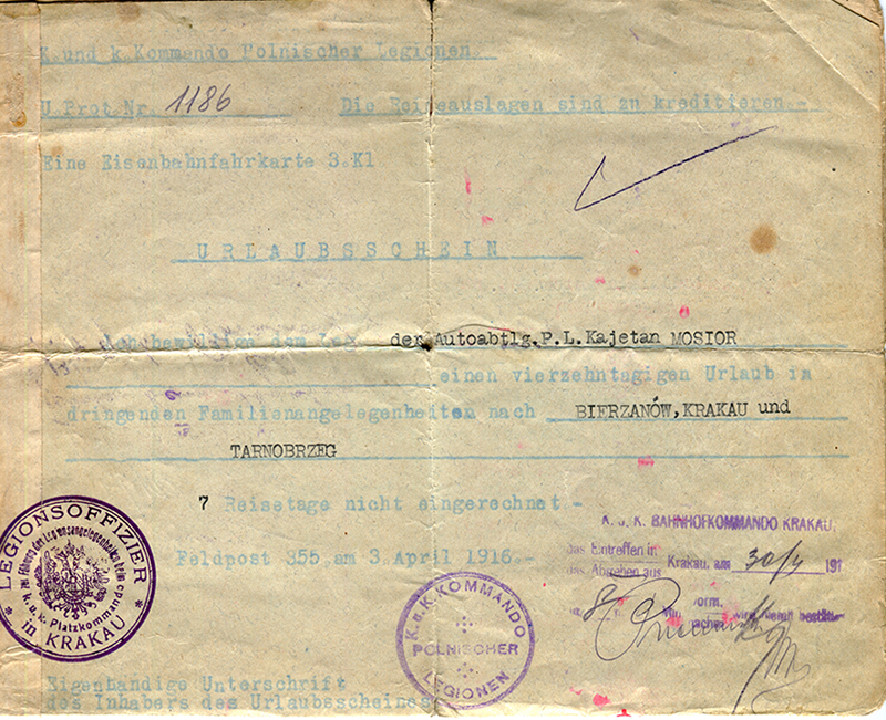 Pismo w sprawie udzielenia urlopu Kajetanowi Masiorowi podczas służby w Legionach Polskich w 1916 r. Ze zbiorów prywatnych Marii Masior - strona 1