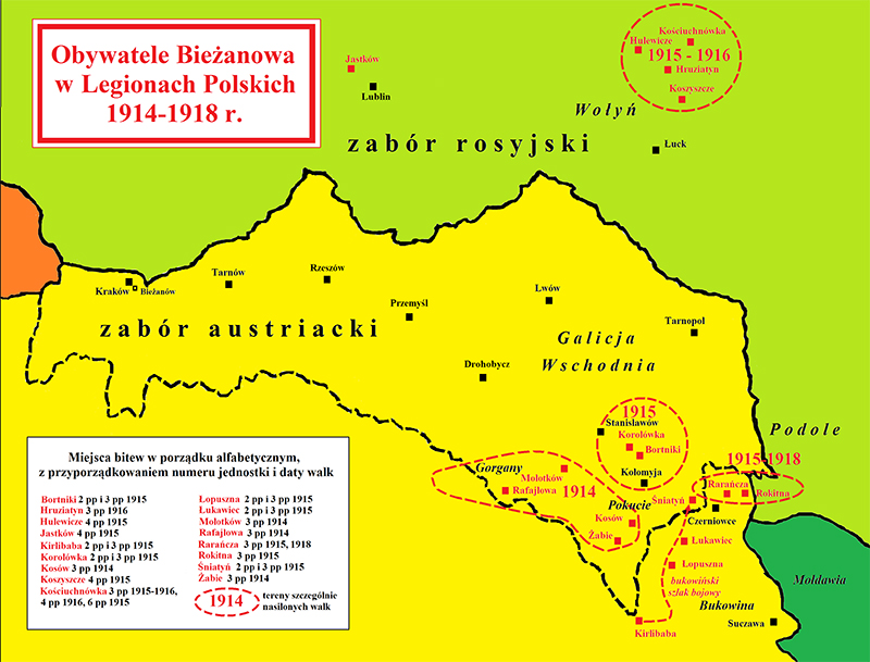 Mapa przedstawiająca działania Obywateli Bieżanowa w Legionach Polskich