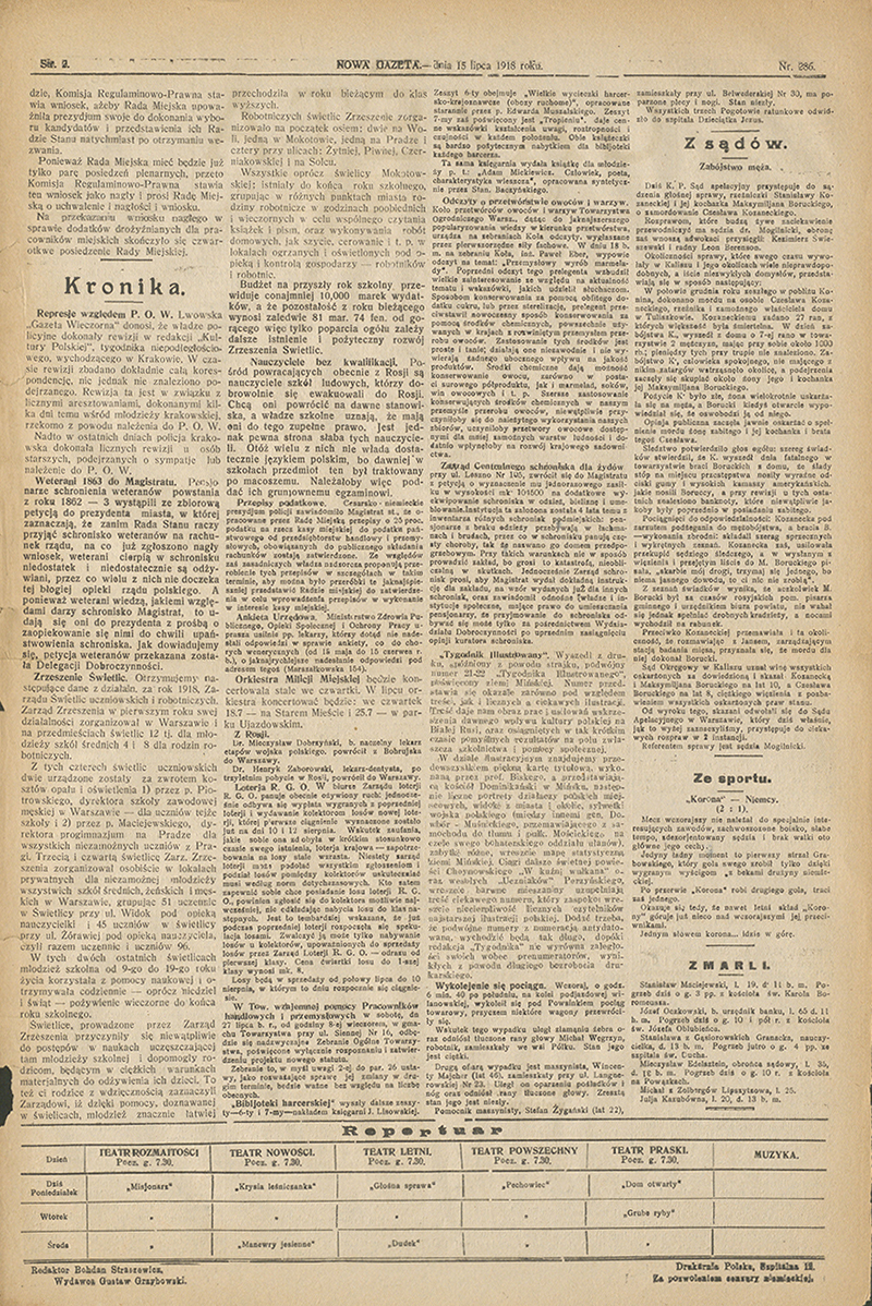 Wzmianka o represjach względem POW w Krakowie w lipcu 1918 r. Biblioteka Narodowa, „Nowa Gazeta”, poniedziałek 15 lipca 1918 r., nr 286 - 2