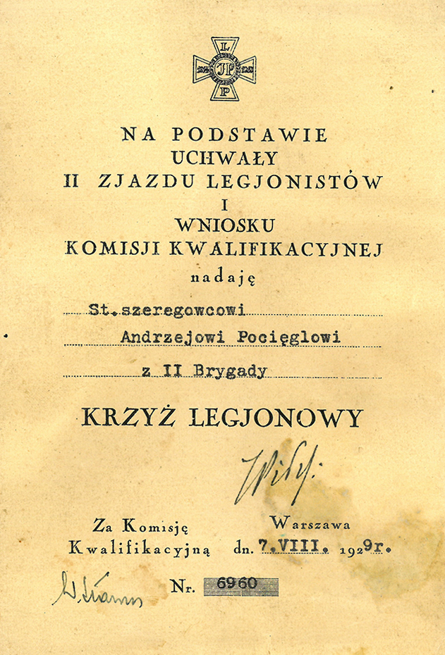 Dyplom nadania Krzyża Legionowego Andrzejowi Pocięglowi, byłemu żołnierzowi II Brygady Legionów Polskich w 1929 r. Ze zbiorów prywatnych Eugenii Pocięgiel