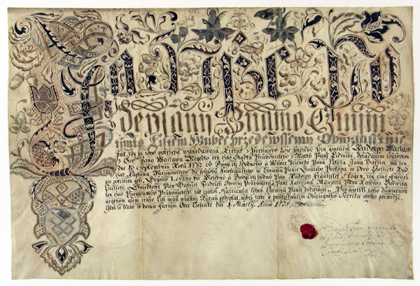 Provost Rudolf Francis Hagen issues a letter of good birth for Rudolf Wacław Nagely. Document illustrated with a floral ornament made in ink, within it there are figures of St. Rudolf and St. Wenceslaus, Obce Czeslickie, 1st March 1738 (ANK, Zbiór dokumentów pergaminowych, sygn. Perg. 1001)