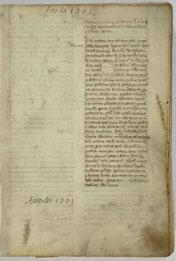 The oldest book of court records (Scabinalia), 1300–1375, and at the same time one of the oldest manuscripts in the Archive (ANK, Akta miasta Krakowa, rkps 1, s. 2–3