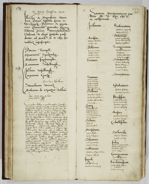 Book of the City Council of Krakow, 1542–1545 r. Election for the City Council of Krakow of the Krakow guild elders in 1543 in the presence of the king (ANK, Akta miasta Krakowa, rkps 439, s. 174–175)