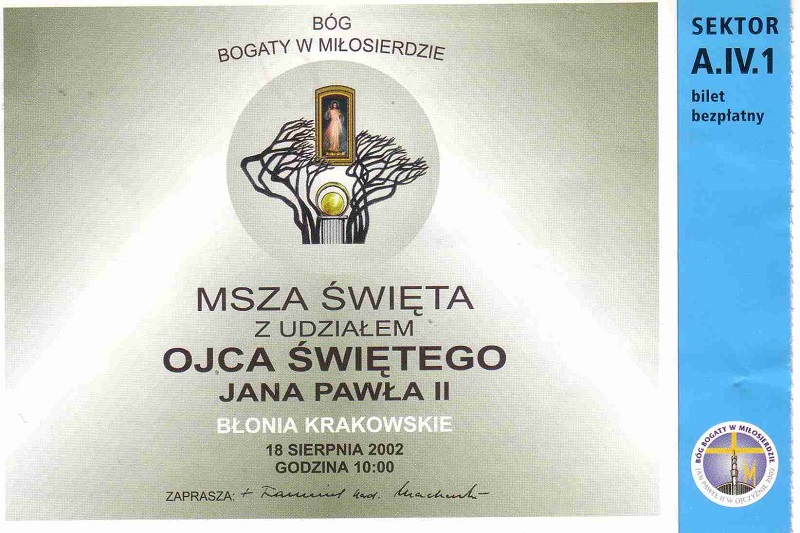 Karta wstępu na Mszę św. z udziałem Ojca Świętego Jana Pawła II celebrowaną na Błoniach Krakowskich 18 sierpnia 2002 r.