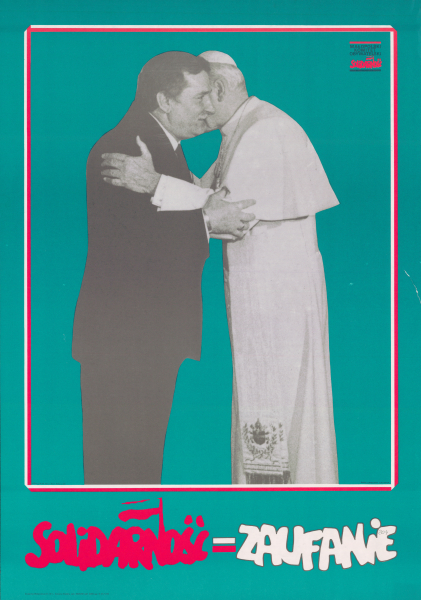 Fotografia z jednej z pielgrzymek papieskich z transparentem z napisem ”SOLIDARNOŚĆ”,
