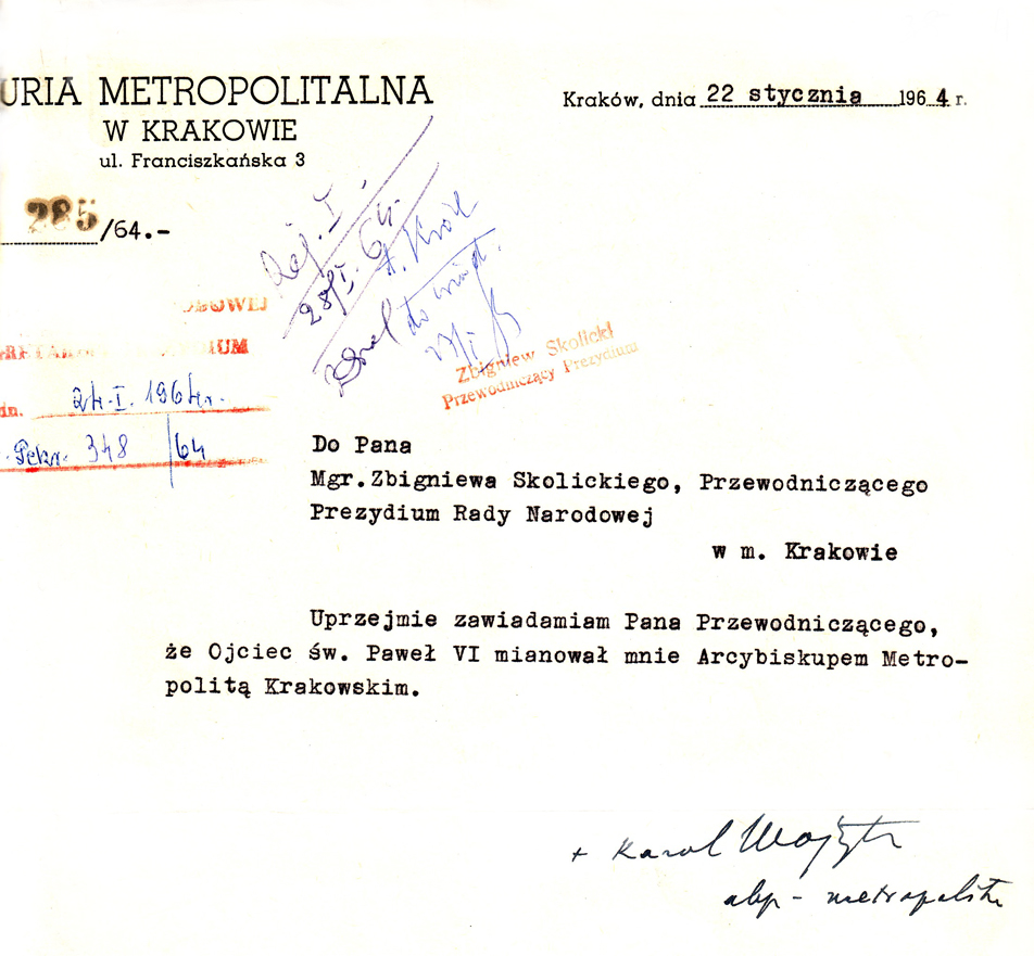 informując o powołaniu go przez papieża Pawła VI na Arcybiskupa Metropolitę Krakowskiego