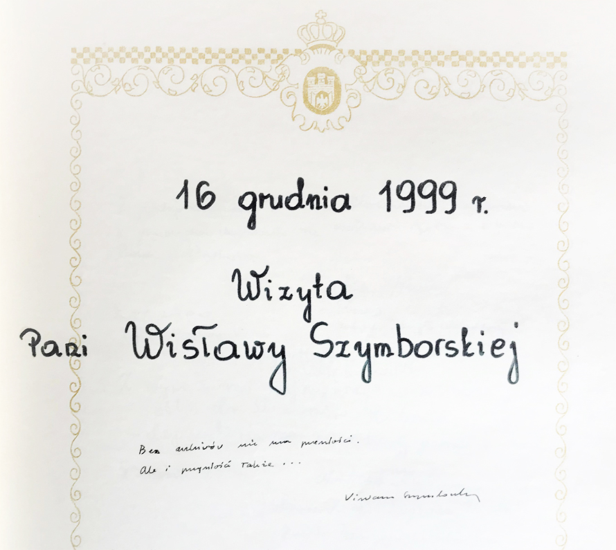 Wpis Wisławy Szymborskiej z 1999 r.  (ANK, Miscellanea, sygn. 29/1604/1)