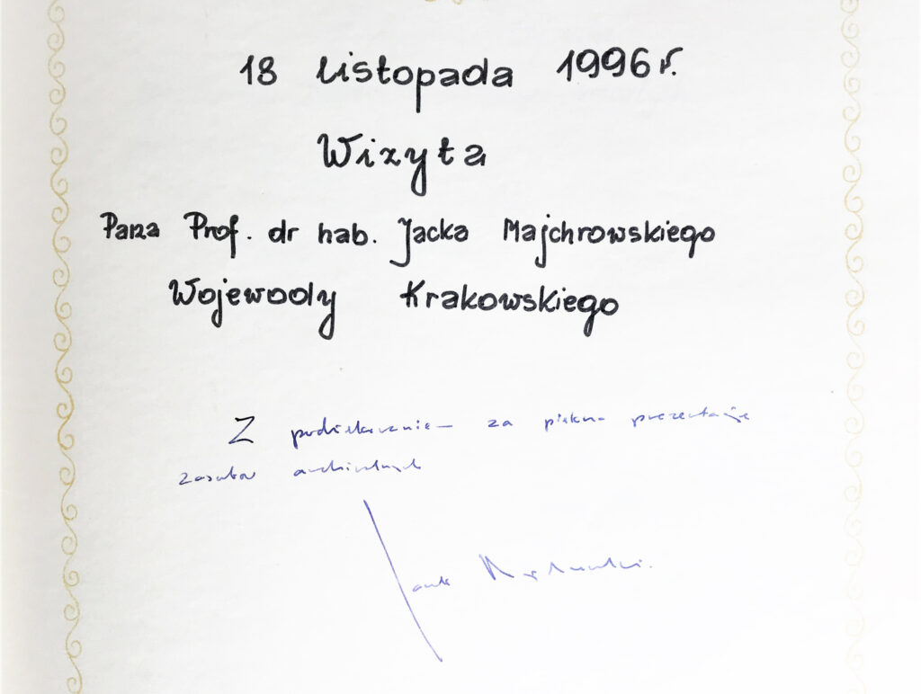 Wpis Jacka Majchrowskiego Wojewody Krakowskiego z 1996 r.  (ANK, Miscellanea, sygn. 29/1604/1)