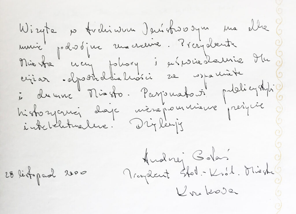 Wpis Andrzeja Gołasia Prezydenta Miasta Krakowa z 2000 r. (ANK, Miscellanea, sygn. 29/1604/1)
