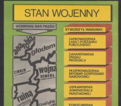 Plakat propagandowy dotyczący „dobrodziejstw” stanu wojennego dla Polski i obywateli
ANK, Zbiór Andrzeja Fischera, sygn. 29/2963/59
