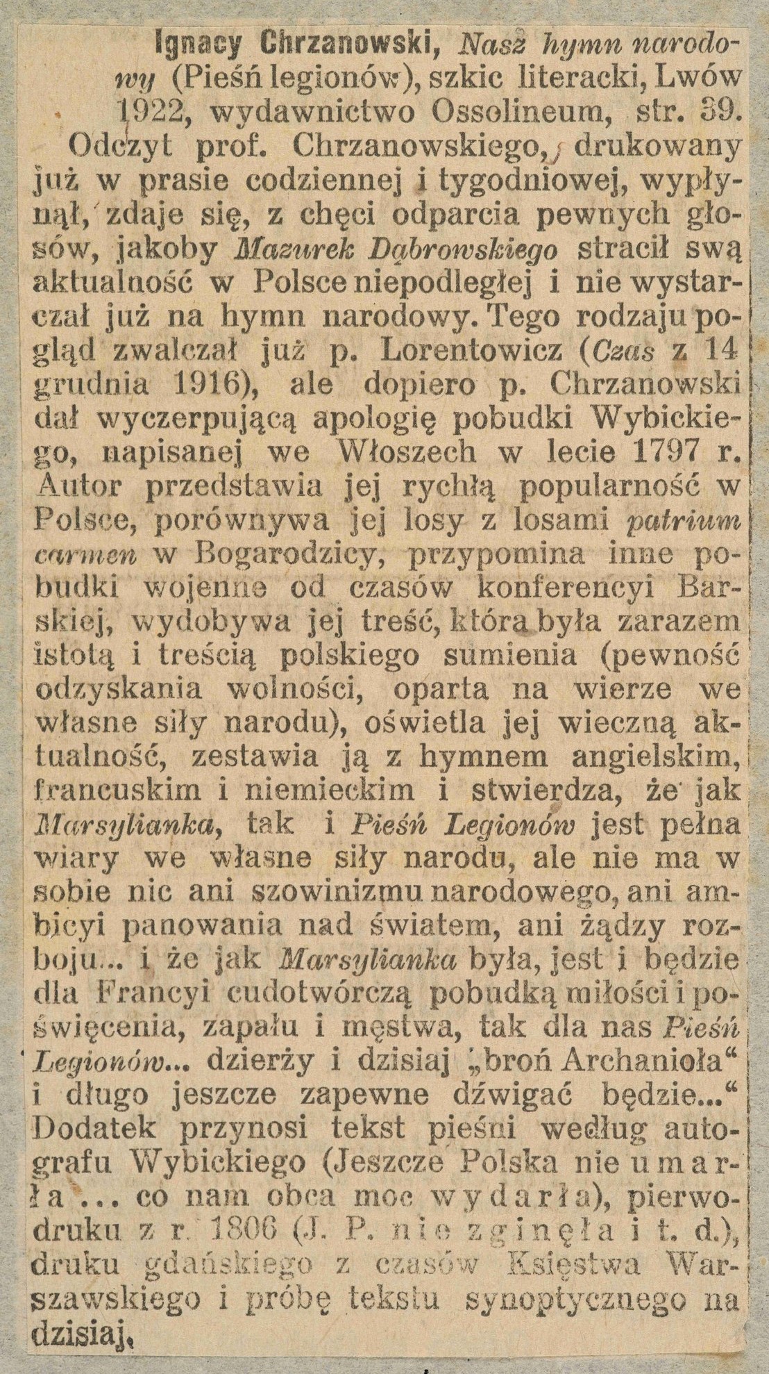 Józef Wybicki Pieśń Legionów Polskich We Włoszech Karta Pracy Recenzja pracy Ignacego Chrzanowskiego, Nasz hymn narodowy (Pieśń
