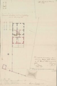 Plan przebudowy spichlerza na budynek mieszkalny (ul. Westerplatte 10) w 1821 r. autorstwa Szczepana Humberta (ANK, Archiwum planów Budownictwa Miejskiego w Krakowie, sygn. 29/1410/AMB 784)