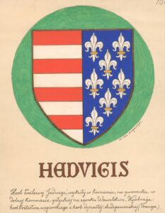 Herby królowej Jadwigi - akwarela Jana Augustyna, Archiwum Narodowe w Krakowie, Zbiór ikonograficzny Jana Augustyna, sygn. 29/673/849