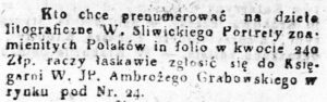 Ogłoszenie dot. rynkowej księgarni Grabowskiego „Gazeta Krakowska” nr 45 z 4.06.1820 r.