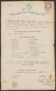Świadectwo dojrzałości Klemensa Bąkowskiego wydane przez&nbsp;c.k. Wyższe Gimnazjum Św. Anny w&nbsp;Krakowie w&nbsp;czerwcu 1879 r. (ANK, Zbiór Klemensa Bąkowskiego, sygn. 29/675/24, s. 149).