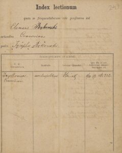 Fragment indeksu studenta prawa Klemensa Bąkowskiego (ANK, Zbiór Klemensa Bąkowskiego, sygn. 29/675/24, s. 247-249).