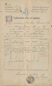 Metryka urodzenia i&nbsp;chrztu Klemensa Bąkowskiego wystawiona w&nbsp;1879 r. przez&nbsp;wikariusza parafii Wszystkich Świętych (ANK, Zbiór Klemensa Bąkowskiego, sygn. 29/675/24, s. 145).