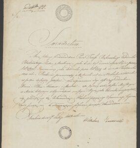 Zaświadczenie wydane w&nbsp;1852 r. przez&nbsp;Wilhelma Żurowskiego, majstra blacharskiego potwierdzające sześć lata nauki zawodu w&nbsp;jego warsztacie przez&nbsp;Józefa Bąkowskiego (ANK, Akta miasta Krakowa, sygn. 29/33/3016, s. 7).