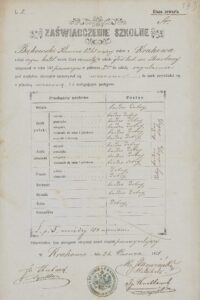 Świadectwo ukończenia przez&nbsp;Klemensa Bąkowskiego, ucznia czwartej klasy, nauki w&nbsp;drugim półroczu roku szkolnego 1870/1871 (ANK, Zbiór Klemensa Bąkowskiego, sygn. 29/675/24, s. 173).