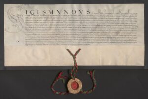 Zygmunt król polski oddaje dobra królewskie Bielsko, Suraź, Brańsko, Narew i&nbsp;Kleszczele królowej Bonie dożywotnio, ponieważ ta zwróciła Wojciechowi Gasztołdowi, wojewodzie wileńskiemu i&nbsp;kanclerzowi litewskiemu, z&nbsp;własnych prywatnych funduszów kwotę 5000 zł węg. i&nbsp;2700 kóp litewskich ciążącą na&nbsp;tych dobrach. Wilno, 22 grudnia 1533 roku. Pergamin; j. łaciński; wymiary 72,5 × 31,8 + 10,6 cm; pieczęć mniejsza litewska; w&nbsp;czerwonym wosku; zawieszona na&nbsp;sznurze z&nbsp;różowego i&nbsp;zielonego jedwabiu. ANK, Zbiór Rusieckich, sygn. 29/683/207 