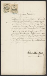 Prośba A. Marfiewicza do&nbsp;C.K. Sądu Krajowego w&nbsp;Krakowieo zaprotokołowanie swojej firmy w&nbsp;Rejestrze Handlowym,
1862 r., ANK, Sąd Okręgowy w&nbsp;Krakowie, sygn. 29/1989/26133.
