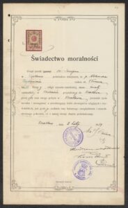 Należało także przedstawić świadectwo moralności, ANK, Akta miasta Krakowa, sygn. 29/33/Kr 8032.