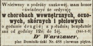 Ogłoszenie zamieszczone przez&nbsp;J. Warschauera w&nbsp;krakowskim „Czasie”, ANK Biblioteka, sygn. Bibl. Pr 2 Czas 1860 r., nr&nbsp;86.