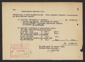 Majątek fundacji Marfiewicza dla szkoły przemysłowej w&nbsp;Krakowie przetrwał II wojnę św.; stan na&nbsp;marzec 1945 r., ANK, Akta miasta Krakowa, sygn. 29/33/Mgt 8.
