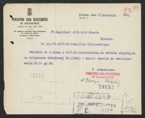 Informacja z&nbsp;PKO w&nbsp;Krakowie dot. wkładu oszczędnościowego Fundacji Wiśniewskiego, kwiecień 1926 r., ANK, Akta miasta Krakowa, sygn. 29/33/IT 2150