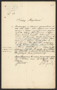 Prośba dr. Henryka Jordana skierowana do&nbsp;krakowskiego Magistratu dot. wypłacenia procentu od&nbsp;legatu Hawełki na&nbsp;„głodne dzieci”, 1898 rok. Z&nbsp;taką prośbą komitet zwracał się do&nbsp;władz miejskich każdego roku, ANK, Akta miasta Krakowa, sygn. 29/33/Kr 8012.