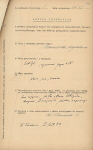 Arkusz zgłoszenia o&nbsp;zapomogę z&nbsp;Fundacji Wiśniewskiego, ANK, Akta miasta Krakowa, sygn. 29/33/IT 2150.
