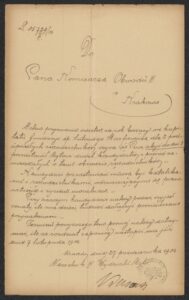 Prośba pracownika Magistratu do&nbsp;Komisarza Obwodu III o&nbsp;przedstawienie kandydatów do&nbsp;wypłaty zapomogiz funduszu Marfiewicza, ANK, Akta miasta Krakowa, sygn. 29/33/Kr 7994.
