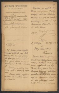 Prezydent miasta J. Friedlein zezwala na&nbsp;wypłatę odsetek od&nbsp;kapitału fundacji Hawełki na&nbsp;rzecz „głodnych dzieci”, 1903 rok, ANK, Akta miasta Krakowa, sygn. 29/33/Kr 8012.
